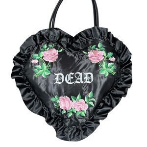 Black Heart-Shaped Tote Bag with Floral Embroidery